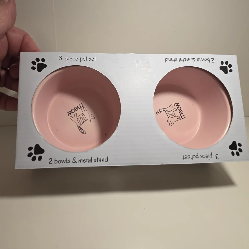Ceramic Pet Bowl 3-Piece Set for Cats & Metal Stand New